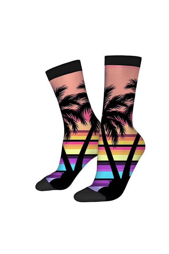 Vibrant Sunset Design Socks - 2 Pairs of Unisex Trendy Socks with Colorful Palm Tree Pattern Perfect for All Seasons