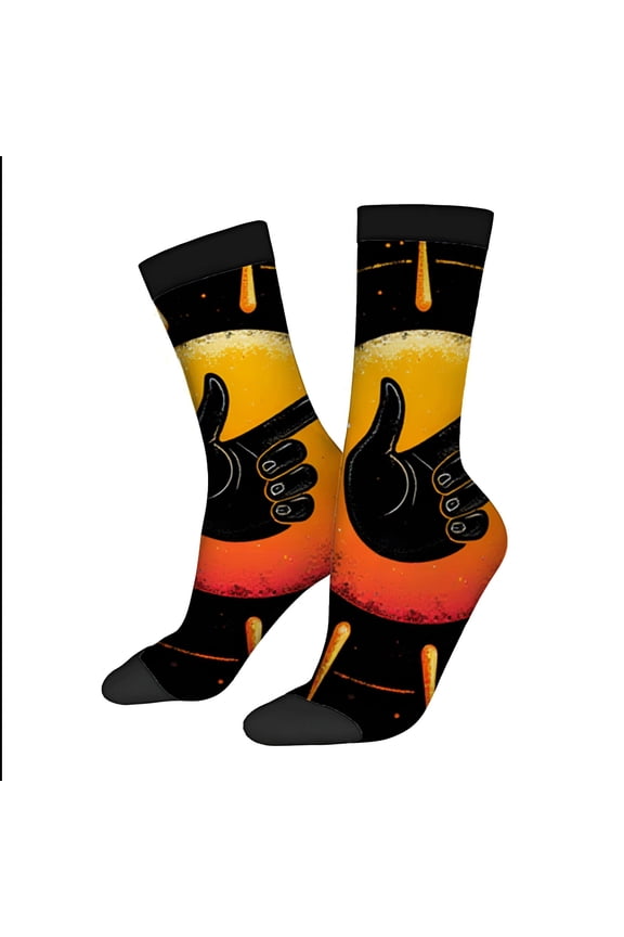 Vibrant Sunset Design Socks - 2 Pairs of Unisex Trendy Socks with Thumbs - Up Hand Black Background & Colorful Gradient