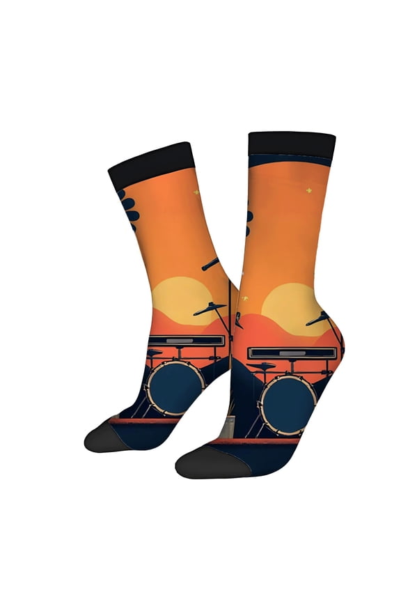 Vibrant Sunset & Drum Set Design Socks - 2 Pairs of Unisex Trendy Mixed Color Socks for All Seasons