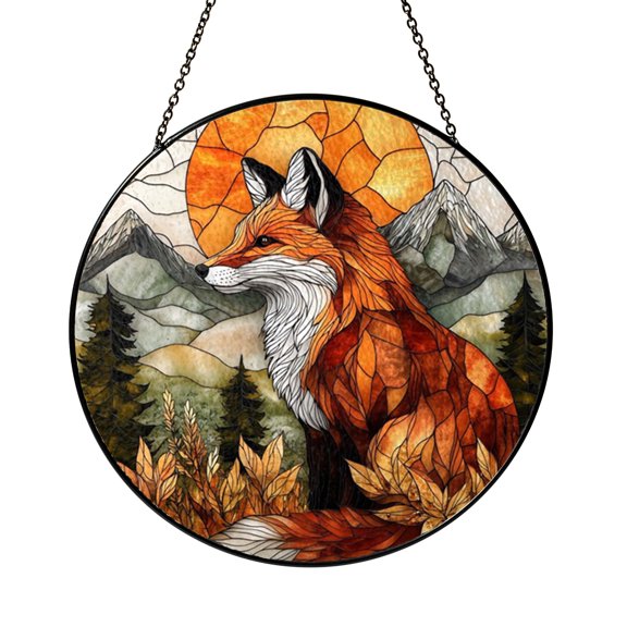 Vibrant Sunset Fox Stained Glass Panel with Forest Landscape, Rustic Nature Decor