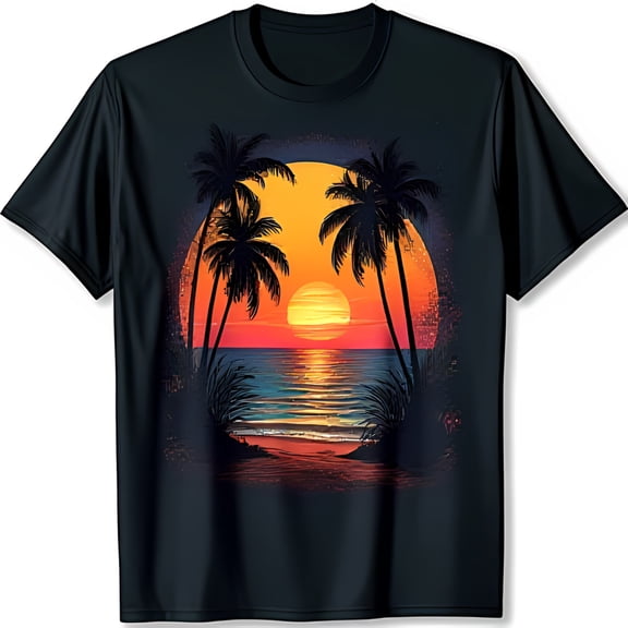 Vibrant Sunset Graphic Black T-Shirt Tropical Beach Design with Trees