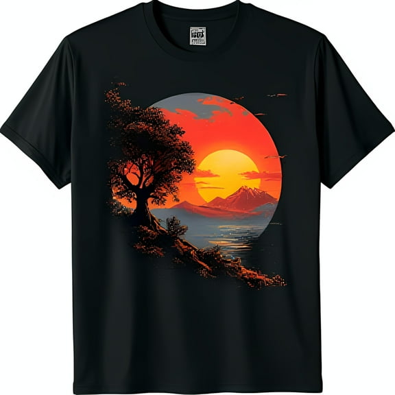 Vibrant Sunset Graphic Black T-Shirt with Silhouetted Tree & Mountains