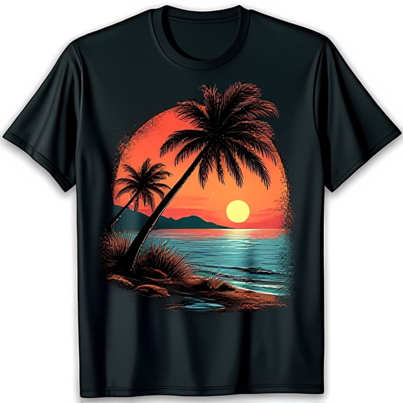 Vibrant Sunset Graphic Black T-Shirt with Trees Beachwear