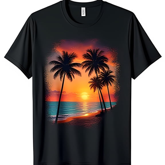 Vibrant Sunset Graphic Black T-Shirt with Trees & Ocean Scene