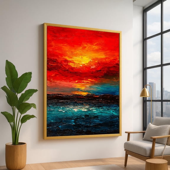 Vibrant Sunset Horizon, Bold Abstract Seascape Wall Art, Red Orange Sky, Modern Texture Decor, Ready To Hang UNFRAMED Poster, Wall Art for Decor, Present, 12x18