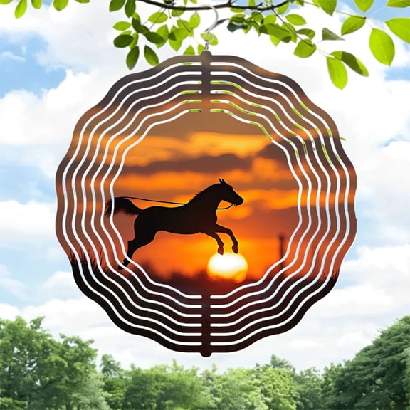 Vibrant Sunset Horse Silhouette Metal Wind Spinner - Dynamic Sound Wave Design for Yard & Garden Decor Perfect Wind Chime