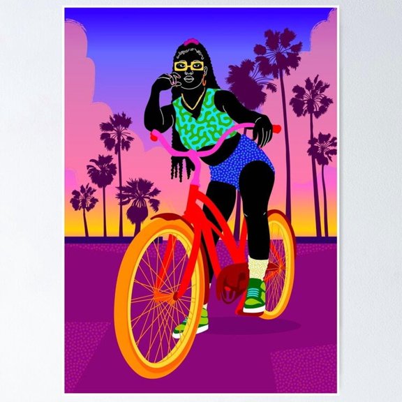 Vibrant Sunset LA Beach Afro Woman Cycling Bicycle Scenic Landscape Wall Art, Unframed Poster