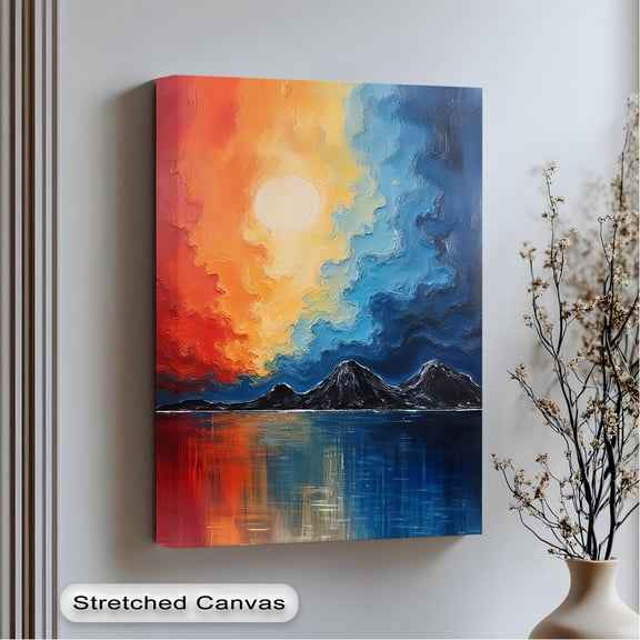 Vibrant Sunset Lake Art Wall Art Abstract Landscape Prints Silver Art Artwork, Unframed Paper Print