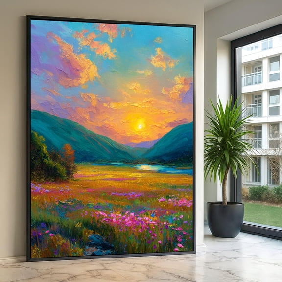 Vibrant Sunset Landscape Floral Meadow Wall Art Colorful Nature Scene Mountain Valley Bright Home Decor Ready to Hang