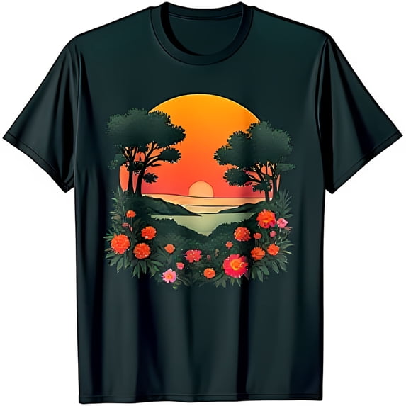 Vibrant Sunset Landscape Graphic on Black T-Shirt Nature Inspired Design