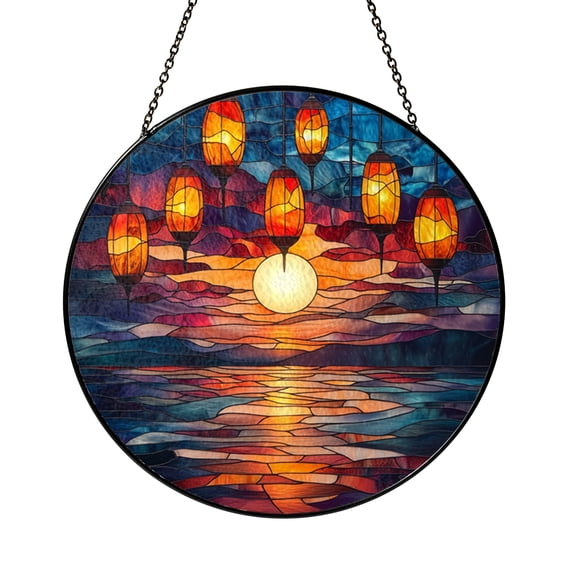 Vibrant Sunset Lanterns Over Ocean Stained Glass Window Hanging ...