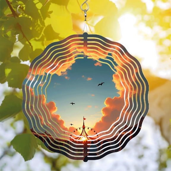 Vibrant Sunset Metal Hanging Wind Spinner - Concentric Rings with Carousel Silhouette & Flying Birds - Perfect for Yard & Garden Decor