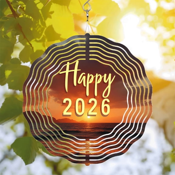 Vibrant Sunset Metal Hanging Wind Spinner - Concentric Wave Patterns & ' Happy 2026 ' Cursive Design for Yard & Garden Decor