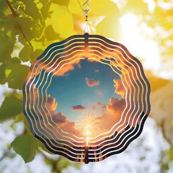 Vibrant Sunset Metal Hanging Wind Spinner with Concentric Patterns & Fireworks Design - Perfect for Yard & Garden Decor