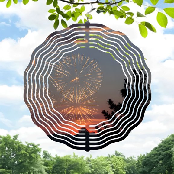 Vibrant Sunset Metal Hanging Wind Spinner with Concentric Wave Patterns & Fireworks Design - Perfect for Yard & Garden Decor