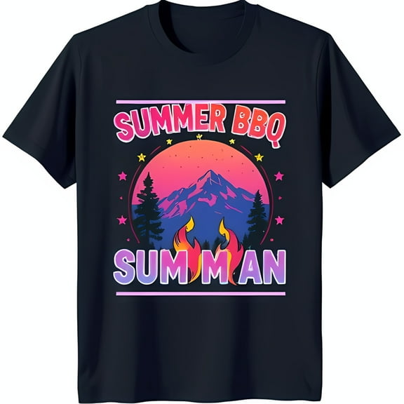 Vibrant Sunset Mountain Graphic Black T-Shirt for Summer BBQ Lovers