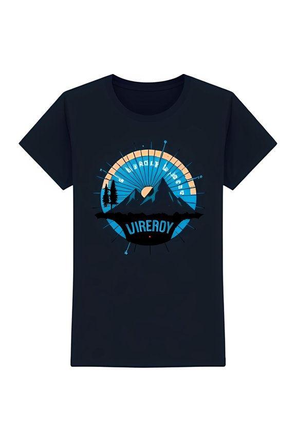 Vibrant Sunset Mountain Graphic on Dark Blue T-Shirt VIREROY Design