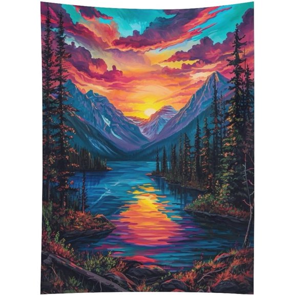Vibrant Sunset Mountain Lake Tapestry Wall Hanging Colorful Psychedelic Wall Art for Bedroom Living Room Dorm Home Decor 30" x 40"