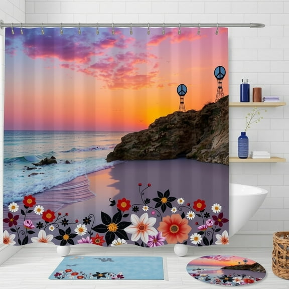 Vibrant Sunset Ocean Shower Curtain with Floral Border - Beach Theme Bathroom Decor