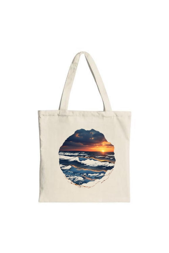 Vibrant Sunset Ocean Tote Bag - Canvas Circular Cutout Design Perfect for Travel Shopping & Parties Eco-Friendly & Stylish