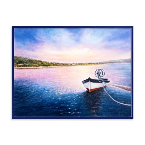 Vibrant Sunset Over Fishing Boat By The Shore 20 in x 12 in Framed Painting Canvas Art Print, by Designart