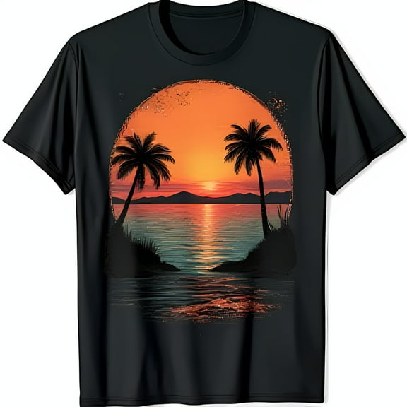 Vibrant Sunset Over Ocean Graphic Black T-Shirt with Trees Design