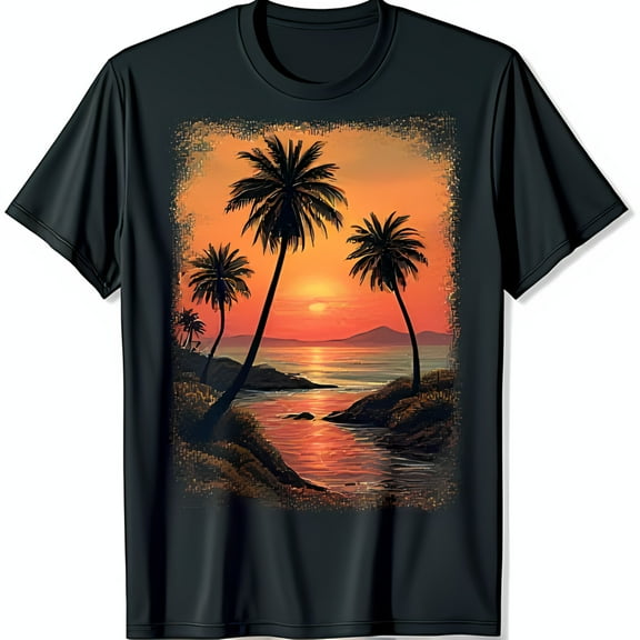 Vibrant Sunset Over Trees Graphic Black T-Shirt for Relaxed Style
