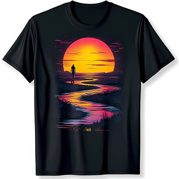 Vibrant Sunset River Graphic Black T-Shirt Eye Catching Design