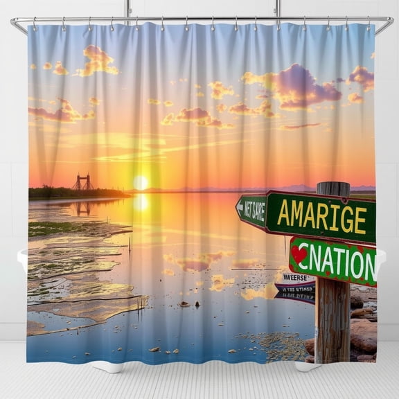 Vibrant Sunset Shower Curtain with Bridge Reflection - Whimsical Decor