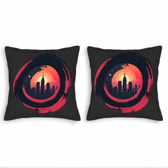 Vibrant Sunset Skyline Throw Pillow Covers - Set of 2 18x18in Square Cushion Cases for Couch Bed Car - Deep Red & Orange Gradient Design with Concentric Circles