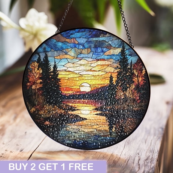 Vibrant Sunset Stained Glass Panel with Forested Lake Scene  Ideal Nature-Inspired Home Decor and Gift