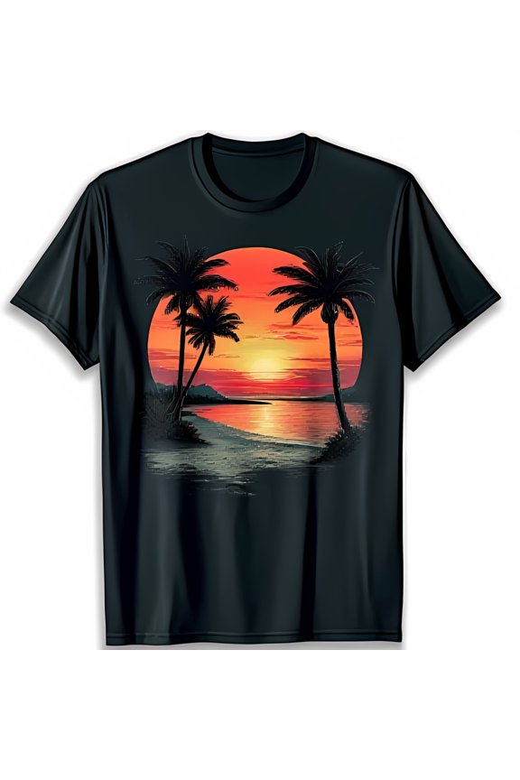 Vibrant Sunset Trees Black T-Shirt Tropical Paradise Graphic Tee