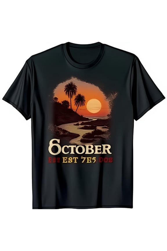 Vibrant Sunset Trees River Graphic Black T-Shirt October Design