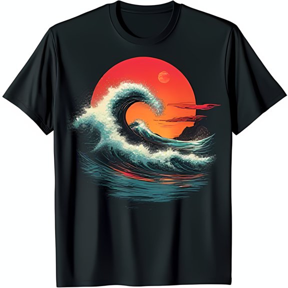 Vibrant Sunset Wave Graphic on Black T-Shirt Nature Power & Beauty