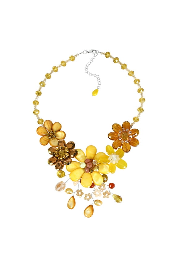 Vibrant Sunshine Yellow Agate, Sandstone, and Seashell Floral Bib Necklace