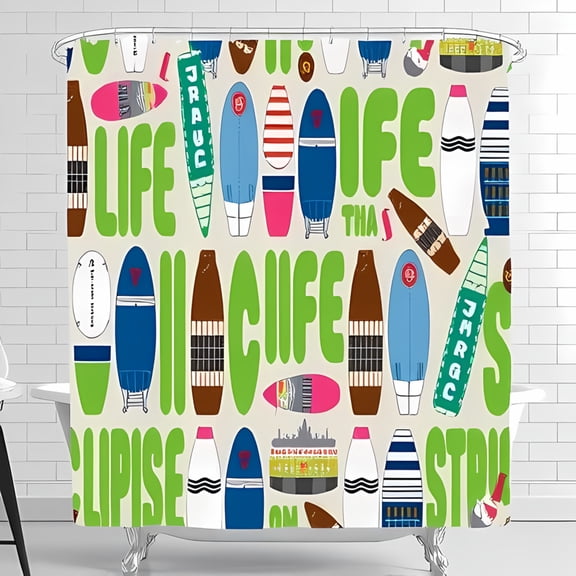 Vibrant Surfboard Shower Curtain with Playful 'Life's a ' Design Colorful Patterns & Bold Green Lettering