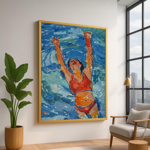 Vibrant Swimmer Reaching Up, Modern Abstract Water Art, Colorful Figurative Wall Art, Dynamic Ocean Theme Decoration UNFRAMED Poster, Wall Art for Decor, Present, 8x12