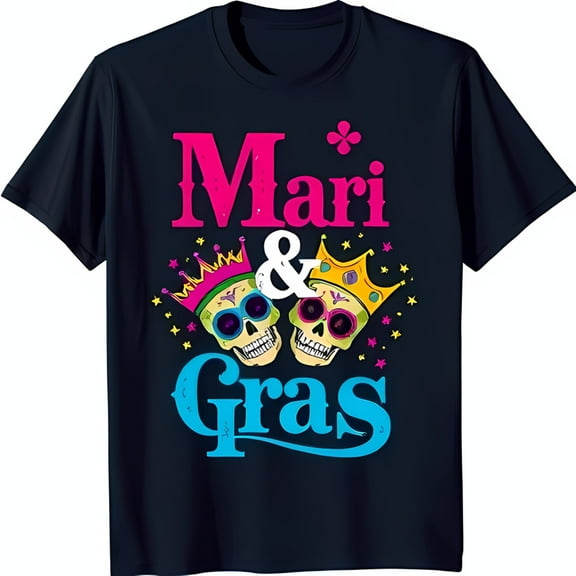 Vibrant T-Shirt 'Mari & Gras' Graphic Tee with Colorful Crowns