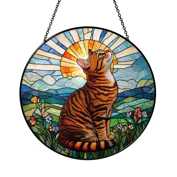 Vibrant Tabby Cat Moonlight Stained Glass Window Hanging, Animal-Themed Home Decor, Gift Idea for Cat Lovers