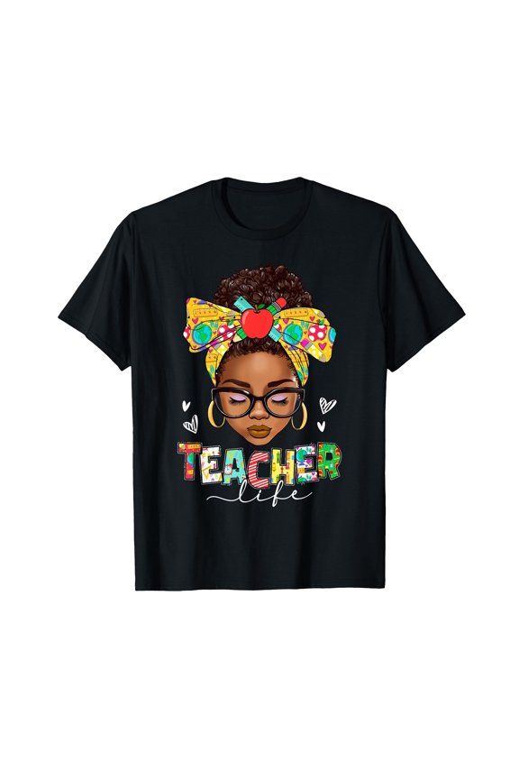 Vibrant Teacher Life Messy Bun Afro T-Shirt for Back to School Enthusiasts