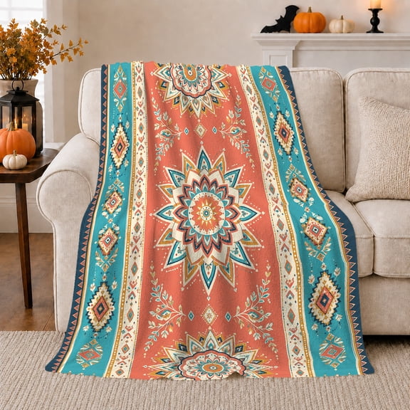 Vibrant Teal Orange Mandala Medallion, Festive Holiday Scene, Warm Flannel Blanket for Living Room and Family Room, Art Lovers Housewarming Gift, Festive Home Decor