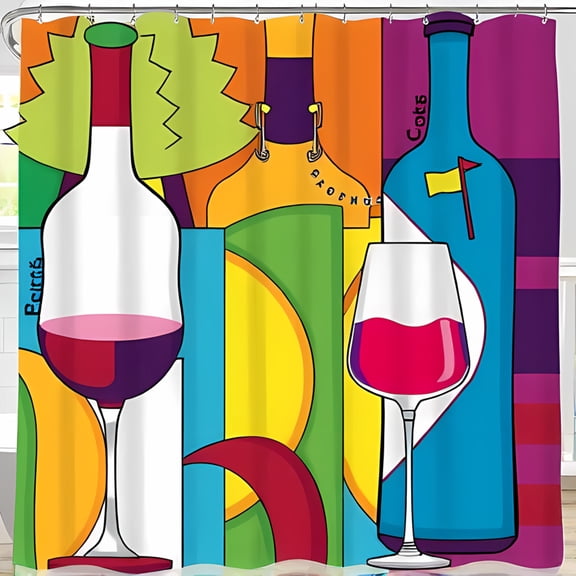 Vibrant-Themed Shower Curtain with Colorful Bottles & Glasses Modern Geometric Design in Bold Colors