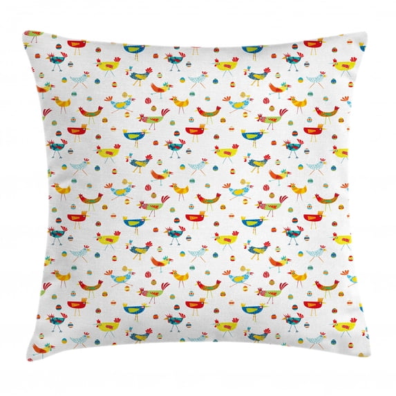 Vibrant Throw Pillow Cushion Cover, Repetitive Chickens Eggs Colorful Doodle on Plain Background, Decorative Square Accent Pillow Case, 24" X 24", Yellow Green Sky Blue Vermilion, by Ambesonne