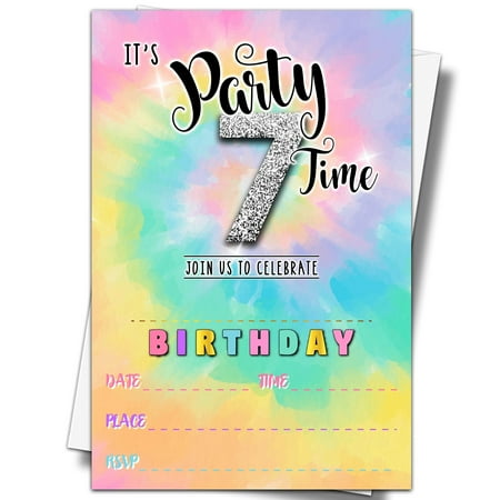 Vibrant Tie Dye Birthday Invitations for 7th Celebration, 20 Colorful Invite Cards with Envelopes, Perfect for Fun-Filled Party Moments, 4"x6" Size