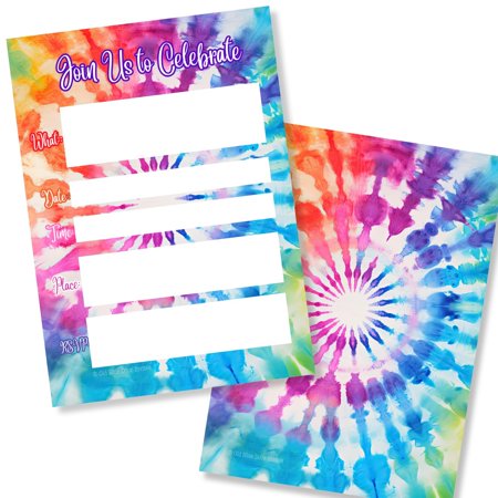 Vibrant Tie Dye Celebration Invitations - 20 Count with Envelopes for All Occasions, Perfect for Kids and Adults, 60s and 70s Themed Parties, Fill in the Blank Fun