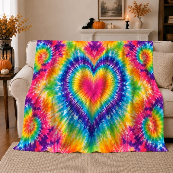 Vibrant Tie-Dye Heart Design Colorful Radiating Swirls, Cozy Artistic Scene, Warm Flannel Blanket for Living Room and Bedroom, Art Lovers Valentine's Day Gift, Artistic Home Decor