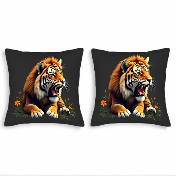 Vibrant Tiger Design Throw Pillow Covers 18x18in Set of 2 - Stylish Cushion Cases for Couch Bed Car - Nature-Inspired with Orange Flowers and Green Leaves