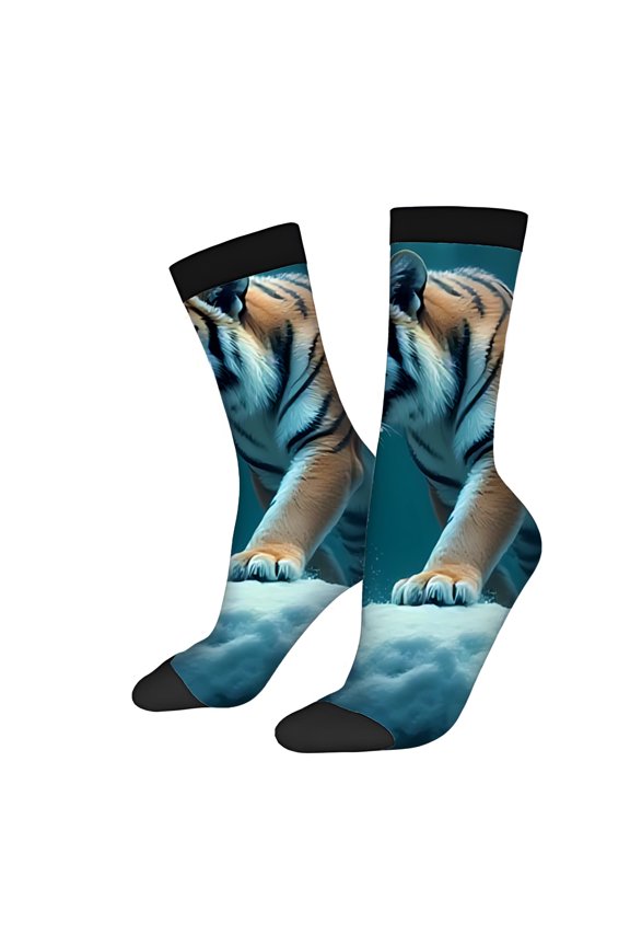 Vibrant Tiger Face Socks (2 Pairs) - Unisex Trendy Design with Deep Blue Background Stars & Bubbles - Four Seasons Universal Mixed Color Socks