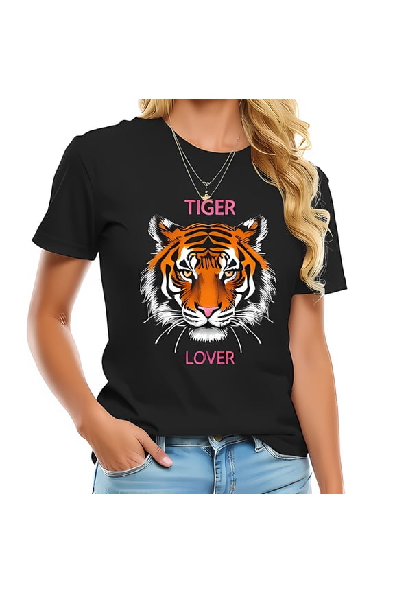 Vibrant Tiger Graphic Cotton Short Sleeve T-Shirt for Animal Lovers - Stylish Pink " TIGER LOVER " Print