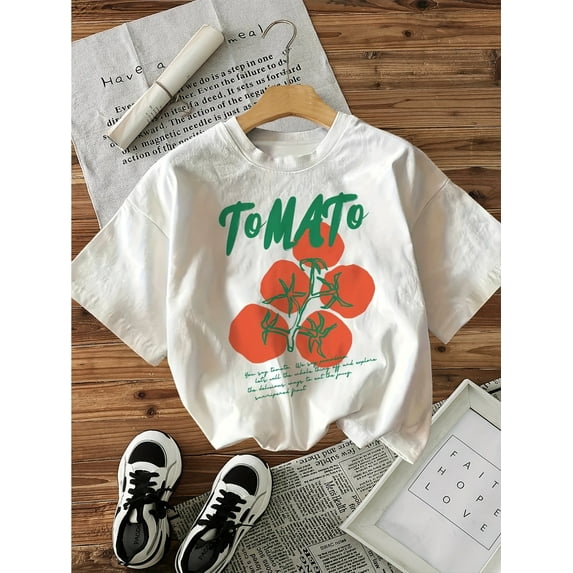 Vibrant Tomato & Letter Print T-shirt - Soft Short Sleeve Crew Neck Top for Women - Perfect Casual Wear for Summer & Spring Seasons